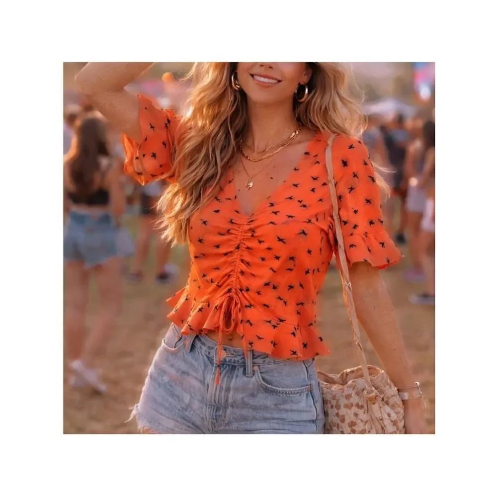 Anthropologie Elodie Orange Boho Drawstring Ruffle Crop Top with Navy Bird Print
